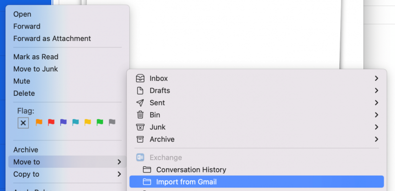 Right click the selected emails -> Move to -> Exchange -> “Import from Gmail” folder on M365 account