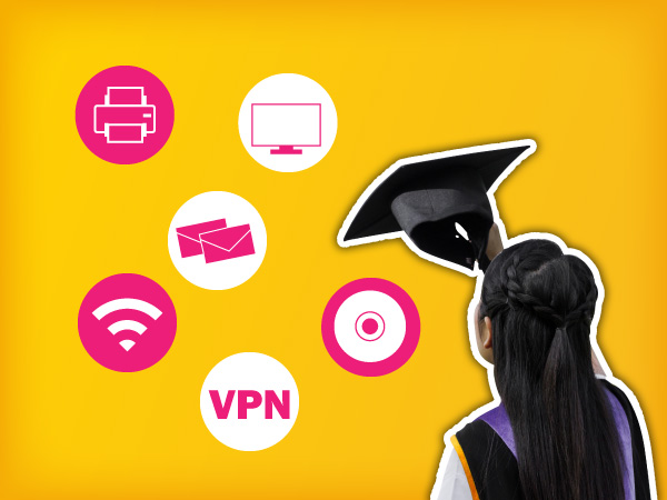 student wearing graduate cloth with ITS service icon