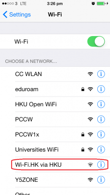 While you on HKU campus, ensure that WiFi is turned ON and tap "Wi-Fi.HK via HKU"