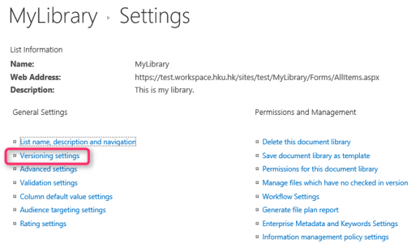 Versioning settings