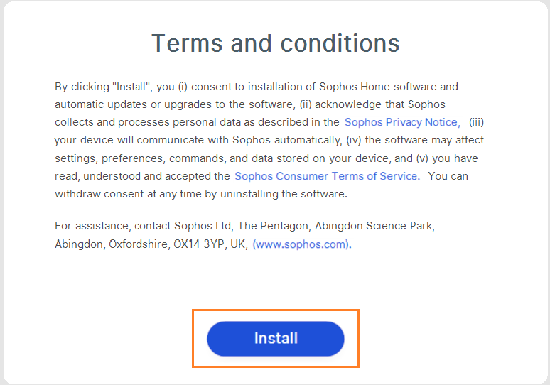 Click Install to accept the terms and conditions and continue the installation.
