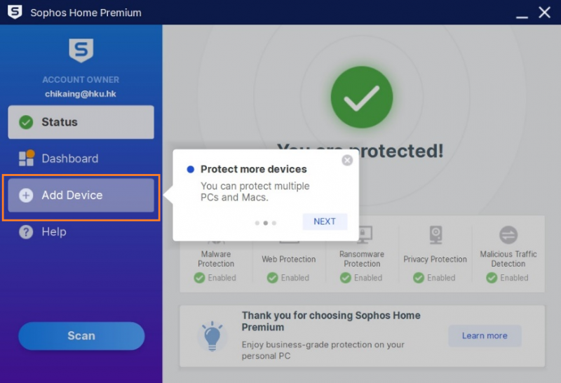 You can click Add Device if you wish to install Sophos Home on another PC. You can either email the install link or copy the link to the PC you wish to install Sophos Home.