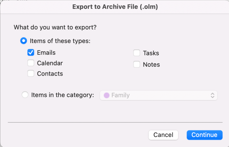 Select Items of these types: > Emails > Continue.