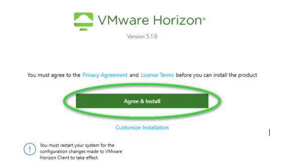 VMware horizon installation agree and install