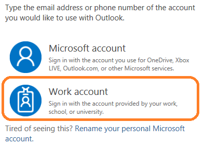Selecting Microsoft account or Work account