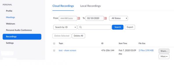 Show Zoom Recording page menu