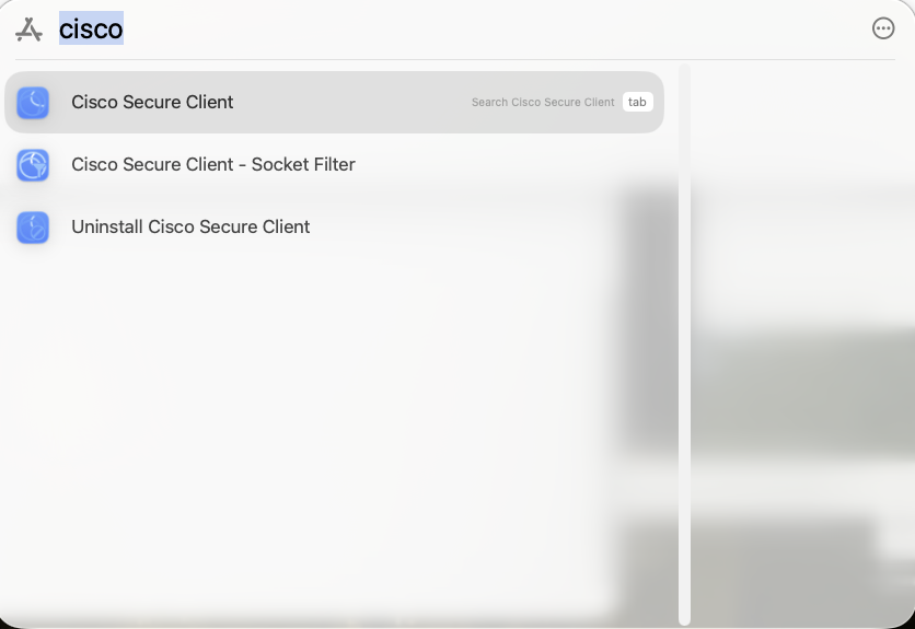 Input “cisco” and click “Cisco Secure Client"