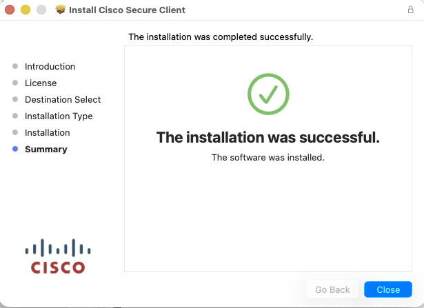 Click the Close button to complete the installation.