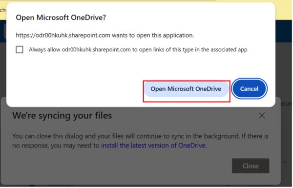 prompt when connect to OneDrive