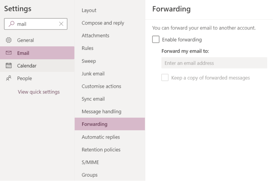 Set up Email Forwarding for Exchange Online Using mail Interface