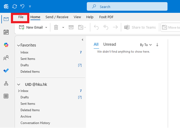 In Microsoft Outlook client, click “File” on top