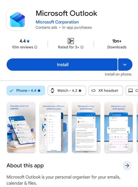 Download and install “Microsoft Outlook” App from Google Play Store