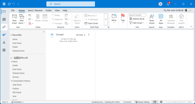 Microsoft 365 Outlook is ready to use. It will connect to Microsoft Exchange Online to synchronize emails