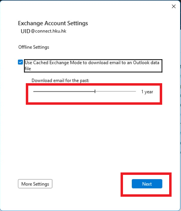 Choose the period to Download email for the past for Outlook offline settings. Click “Next” button