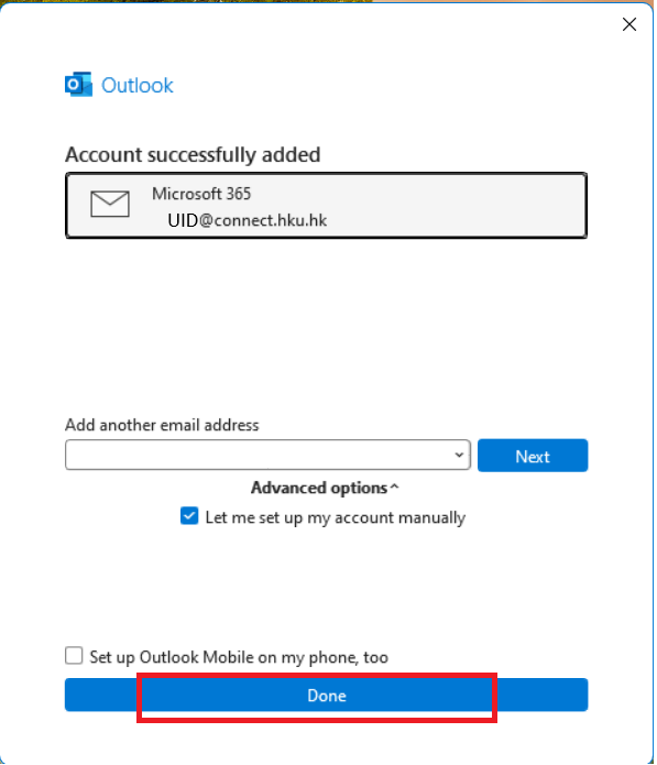 Outlook shows Account successfully added. Then click “done” button