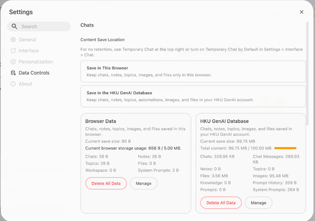 In the Data Controls tab, you can find options to delete database storage there.