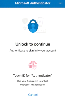 A sign-in prompt appears on your device. If you are using a passkey stored in the Microsoft Authenticator app, the app will automatically launch and prompt you to verify your identity using biometrics (such as a fingerprint or facial recognition) or your device PIN.