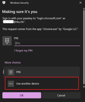 Look for and select this option “Use another device” or “Sign in with a passkey from another device”.