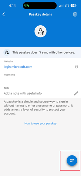 Then tap the “Scan” icon in the bottom-right corner of the Microsoft Authenticator passkey screen.