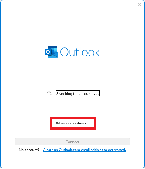 Outlook will search for accounts. Click “Advanced options”