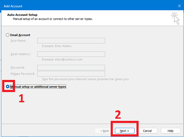 Choose “Manual setup or additional server types” in Add Account dialog box. Click “Next>” button