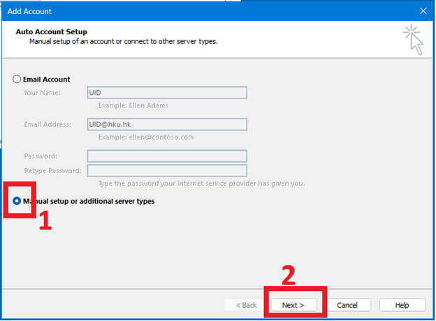 Choose “Manual setup or additional server types” in Add Account dialog box. Click “Next>” button