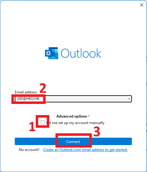 “Tick” the box of Let me set up my account manually. Then enter the UID of the mailbox needs to be added in Email address field and then click “Connect” button