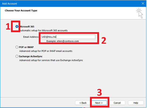 “Tick” the box of Microsoft 365 button. Then enter your UID@HKU.HK in Email address field and then click “Next>” button