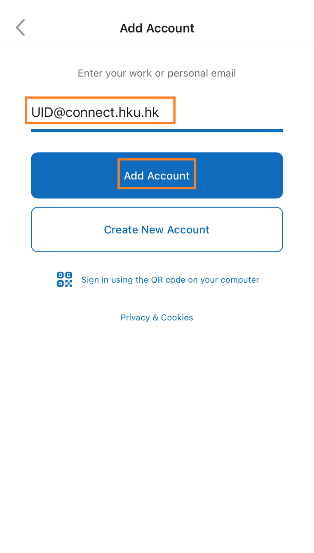 Enter you email UID@connect.hku.hk and click the “Add Account” button
