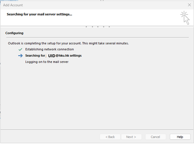 Outlook account configuration in process
