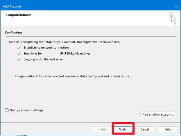 Adding another mailbox to Outlook client is completed. Click “Finish” button