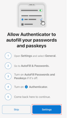 Optionally, tap “settings” at your mobile phone to enable Microsoft Authenticator App as a passkey provider.