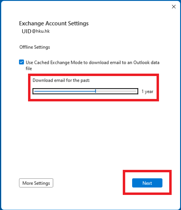 Choose the period to Download email for the past for Outlook offline settings. Click “Next” button