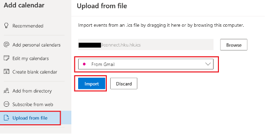 Select Upload from file > browse and select the imported .ics file (step 2-2c above refers) > Import