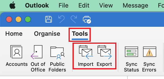 Restart your Mac and the interface will be changed to Legacy Outlook and the Import and Export options will be available