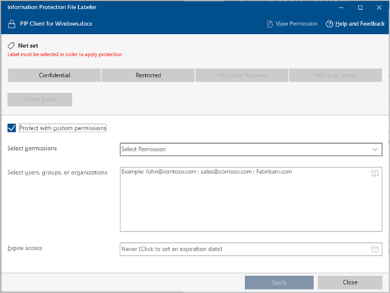The PIP Client will be opened. Check the box “Protect with custom permissions” 