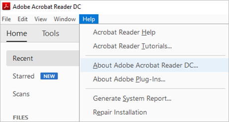 Check the version of your Adobe Acrobat Reader by clicking Help > About Adobe Acrobat Reader DC… .