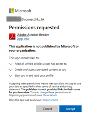 After installing the plug-in, you will be prompted to enter your email address that is granted with the right to open the file, complete the authentication steps required and click “Accept” to accept the permission.Note: Acrobat Reader only support .PDF file. For previously protected PDF files (.PPDF), please use the PIP viewer (for Windows) or RMS client (for Mac).