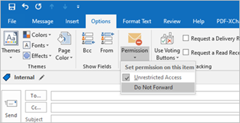 7.	Apply Protection to an Email Using Microsoft Outlook 2013 or Above (Do Not Forward)
I.	Under the compose email window, select “Option” > “Permission” > “Do Not Forward”.
 
II.	An alert on “Do Not Forward” will be displayed at top of the email.
 
III.	To remove “Do Not Forward”, select “Option” > “Permission” > “Do Not Forward” again.