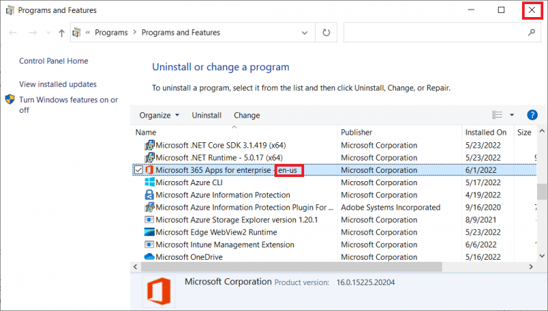 Check the language of the installed Microsoft 365 (Office) app and close the Window. Don’t uninstall anything.