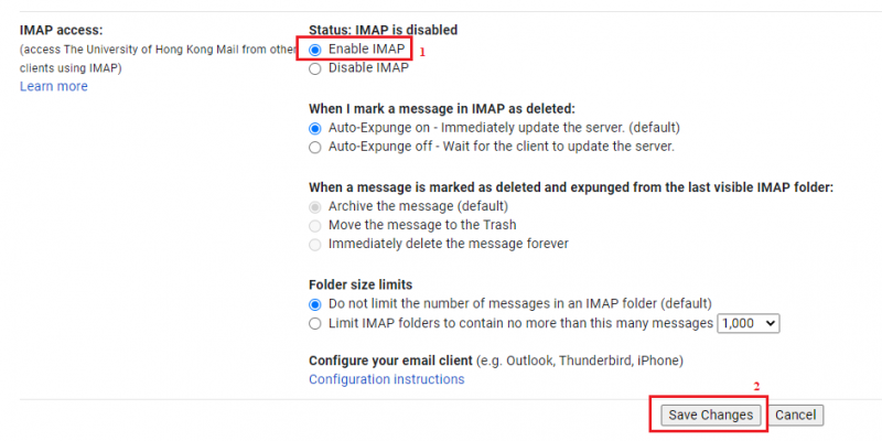 In the “IMAP access” section, select Enable IMAP. Click Save Changes