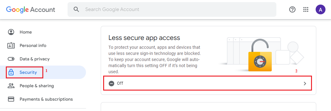 Under Security, in the Less secure app access section