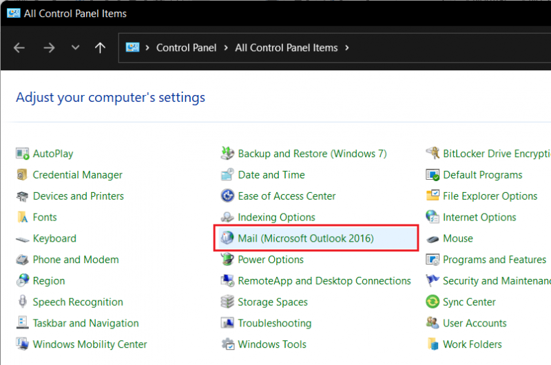 Go to Control Panel, look up Mail (Microsoft Outlook)