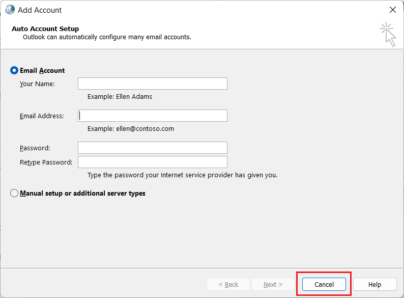 Click Cancel under the Add Account page