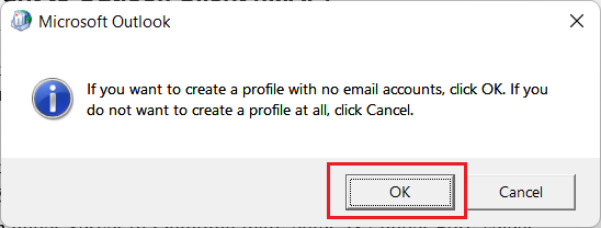 Click OK when you see the alert on create a profile with no email account