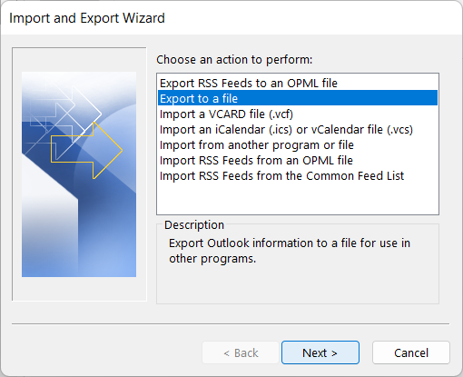 Select Export to a file and click Next