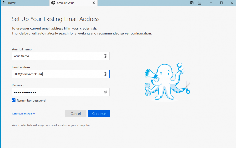 Enter your Name, Email address (UID@connect.hku.hk) and Password (HKU Portal PIN), and click Continue