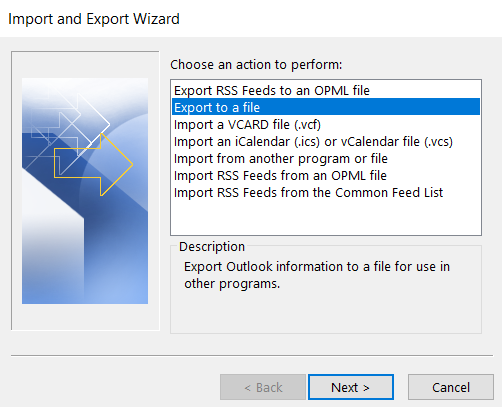 Select Export to a file > Next