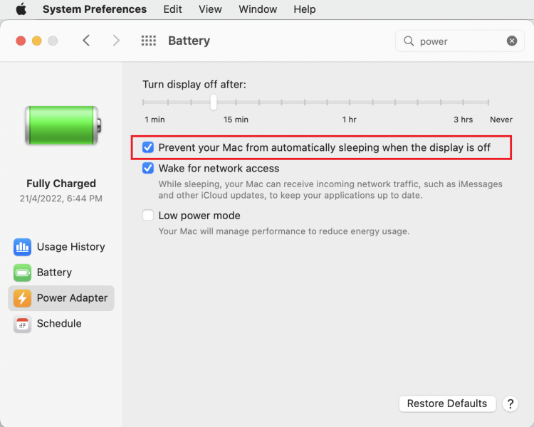 To prevent Mac from sleeping when idle, go to Menu > System Preferences > Energy Saver or Battery > Power Adapter > check Prevent your Mac from automatically sleeping when the display is off