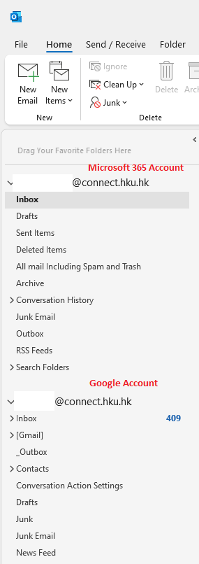 Open the MS outlook Client. The outlook show the google account and Microsoft 365 account